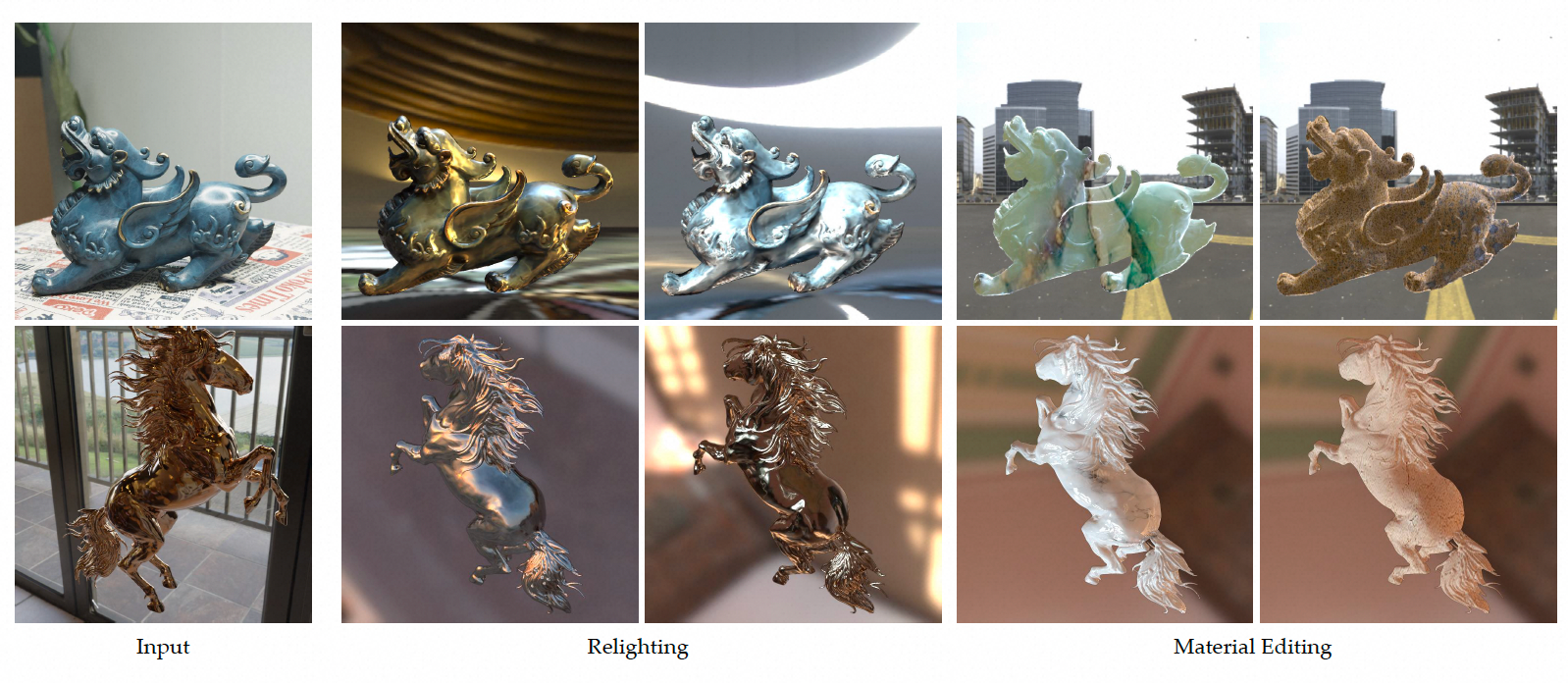 GlossyGS relighting and material editing examples