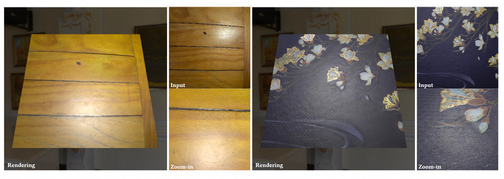 Ultra-high-resolution wood and patterned fabric SVBRDF rendering results